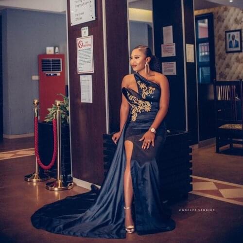 Unique Designer Aso Ebi Evening Dresses One Shoulder Lace Appliques Beaded Slit Prom Dress Plus Size With Train