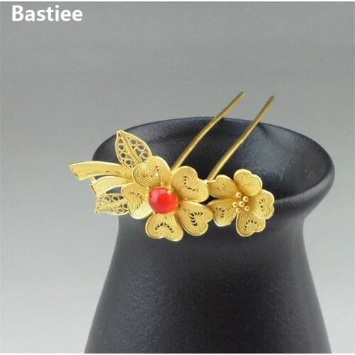 Bastiee Blue Beads Flower 999 Sterling Silver Hmong Hair Fork For Women Golden Plated Luxury Hair Stick Miao Jewelry