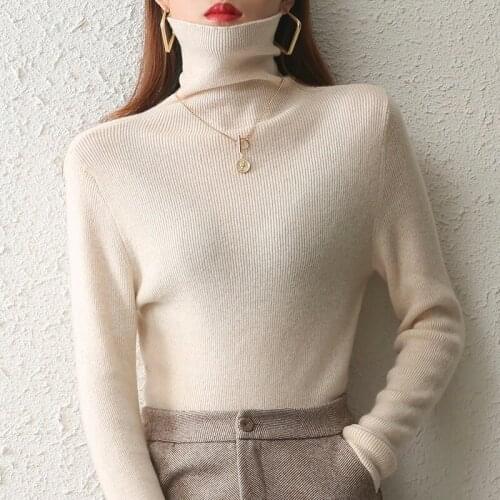 Turtleneck 100% pure wool knit bottoming shirt womens basic slim-fitting tight-fitting solid color sweater spring and autumn
