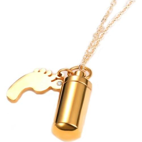 Custom Stainless Steel Cremation Jewelry for Ashes Footprint Charm Cylinder Urn Necklace Gold Color Memorial Jewelry Pendant