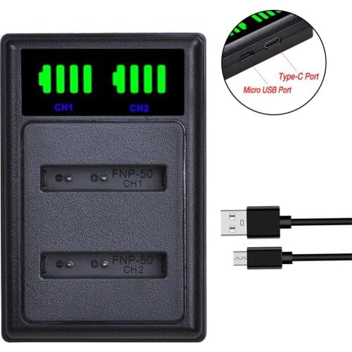 1Pcs FNP50 NP-50 NP50 LED USB Dual Battery Charger with Type C Port for FUJIFILM for Pentax D-Li68 for KODAK KLIC-7004 K7004