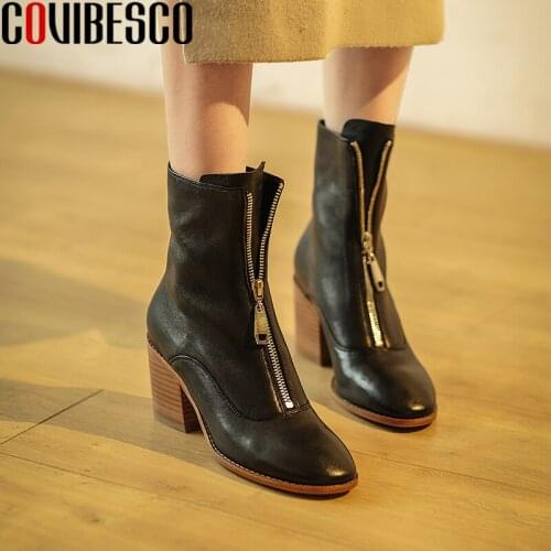 COVIBESCO 2021 Women Ankle Boots Genuine Leather High Heels Shoes Woman Autumn Winter New Front Zipper fashion Casual Basic Boot