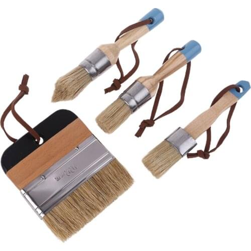 4 Pcs Round Flat Pointed and Wide Chalk Paint Wax Brush Ergonomic Wood Handle Natural Bristle Brushes Furniture Waxing