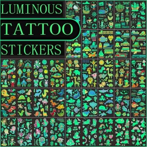 5pcs/batch Luminous Tattoo Face Temporary Color Car Mermaid Dinosaur Tattoo Children Cute Tattoo Stickers Children Body Tattoos