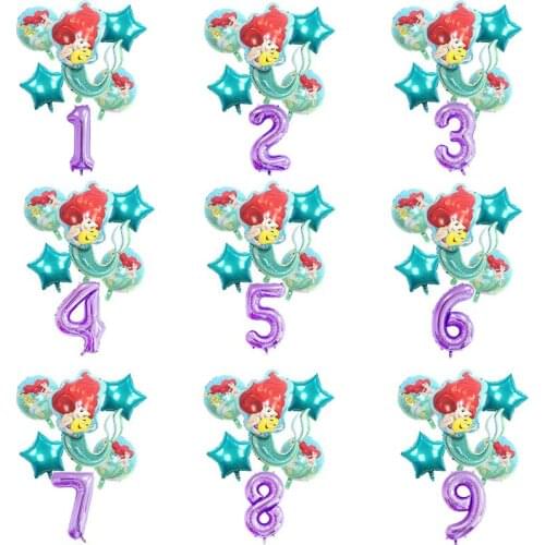 6pcs Disney Mermaid Ariel Cartoon Foil Balloons Birthday Party Decorations Supplies Number Balloon Kids Toy Air Globos Girl Gift