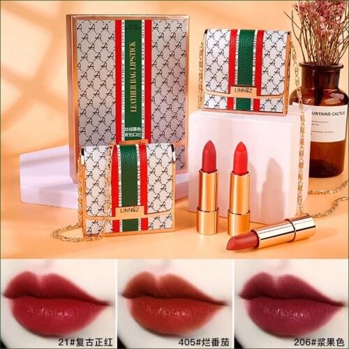 Velvet Mule Color Contrast Color Leather Bag Lipstick Set Gift Box Lasting Makeup Three-color Makeup