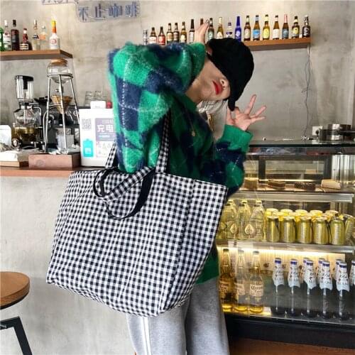 Plaid Canvas Bag for Women Vintage Female Large Capacity Tote Ladies Casual Big Double Sided Shoulder Bag Student Travel Handbag