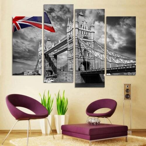 No Frame 4 Piece Canvas Painting on Canvas Print Wall Art Black and White Tower Bridge Picture Home Decor for Living Room