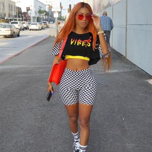 Sexy Letter Crop Top Plaid Bodycon Short 2 Piece Set Summer Female Clothing Tracksuit Two Piece Outfit For Women Suit Set 9389