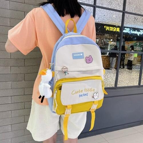 Fashion Womens Backpack Harajuku Cute Badge Contrast Color School Bag For Girls Nylon Large Capacity Waterproof Scoolbag 2021