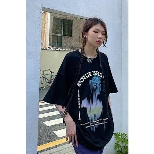 Dark wind Retro High Street over size Abstract printing trendy street alphabet short sleeve T-shirts for men and women tees