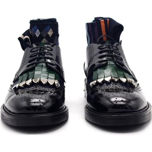 Mens Spring and winter shoes black cow leather Brock shoes hit color derby carved tassel metal British Derby shoes for male