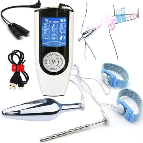 New Strong Electric Shock Pulse Metal Anal Plug E-Stimulate Urethral Plug Penis Ring Prostate Massage SM Player Male Sex Toy Kit