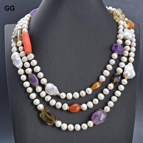 JK 19" 3 Strands Cultured White Pearl Keshi Pearl Multi Gems stone Necklace