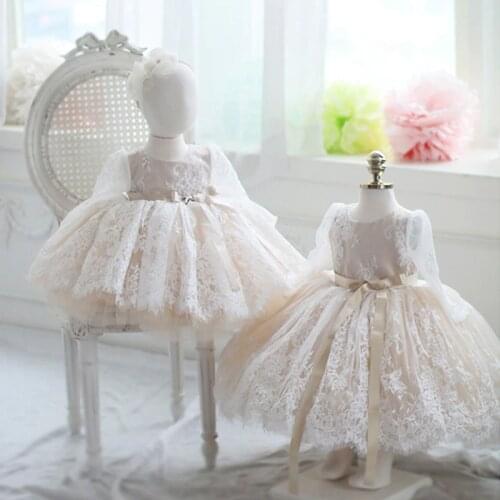 Champagne Tulle Baby Girl Dress Toddler Girls Infant 1 Year Birthday Party Long Sleeve Lace Newborn Baptism Christening Gown