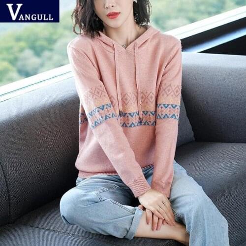 Vangull Hooded Knitted Sweater Womens Sweater Autumn Winter 2020 Loose Fit Pullover Long Sleeve Hoodie Casual Warm Sweater Top