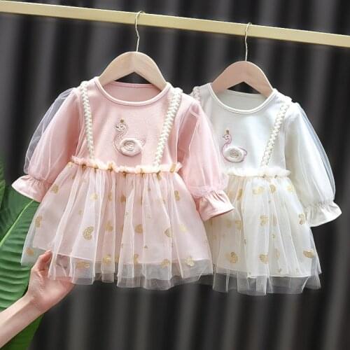 Spring Girls' Clothing Dress Fashion Cute swan Stitching Dress Cotton Long Sleeve Baby Girl Princess birthday dress