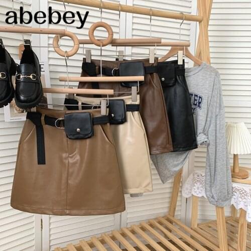 Vintage versatile solid color PU leather Skirt high waist lace up casual Skirt with belt and bag 2021 New Spring Autumn