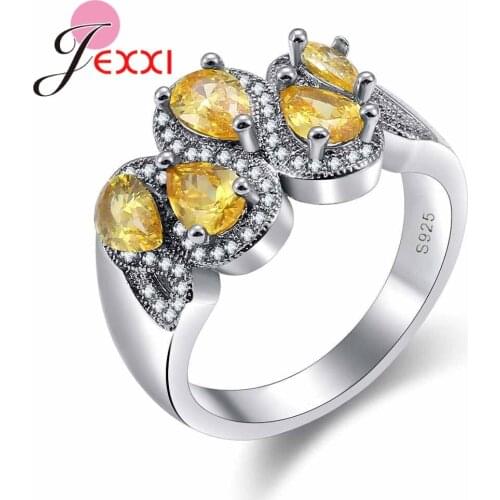 Vintage Yellow Water Drop Crystal Rings for Party Engagement Accessories Women --Silver Wedding Finger Ring