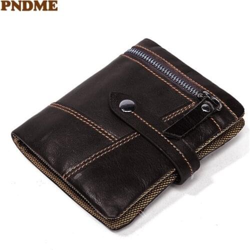 PNDME vintage high quality genuine leather mens womens wallet casual simple cowhide designer credit cards holder hasp purse