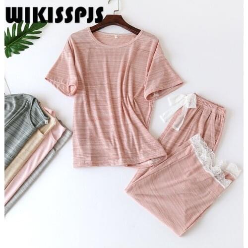 WIKISSPJS Summer Short Sleeve Pullover Wide Leg Pants Striped Modal Pajamas Suit Sleep Tops Lounge Wear Bedroom Set