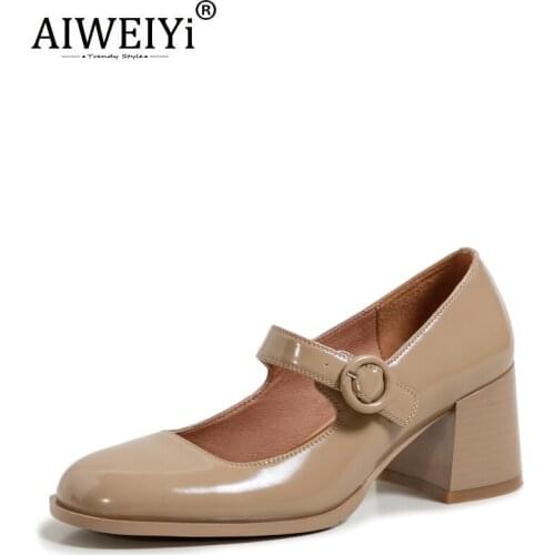 AIWEIYi Thick High Heels Round Toe Mary Jane High Heels Woman Spring New All-Match Buckle Leather Pumps Nude