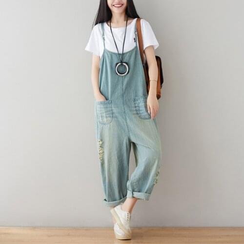 Women Loose Bleached Holes Ripped Denim Jumpsuit Pants Overalls Ladies Scratched Loose Denim Trousers Rompers 2019
