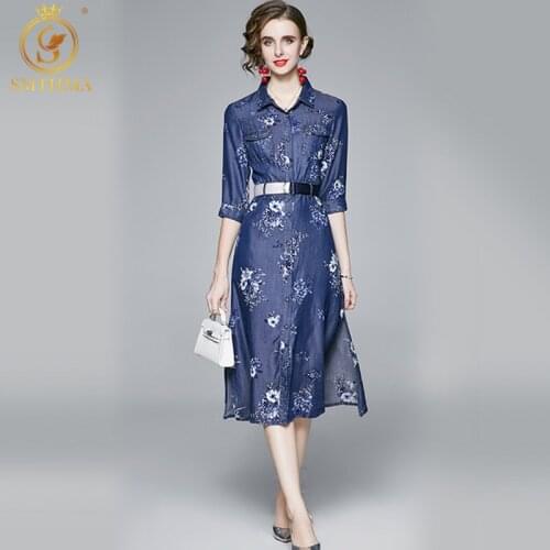 SMTHMA Women Autumn Vintage Printing Denim Dress High Quality Elegant Femme Designer Runway Party Vestidos Send Belt