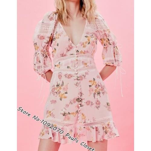 Women Feminine Floral Print Embroidered Tulle Trim Inset Isadora Mini Dress