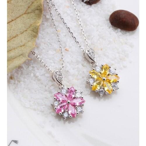 Bamos Pink/Yellow Cherry Blossoms Pendant Necklace For Women Romantic Flower Crystal Pendants Fashion Jewelry Birthday Gifts