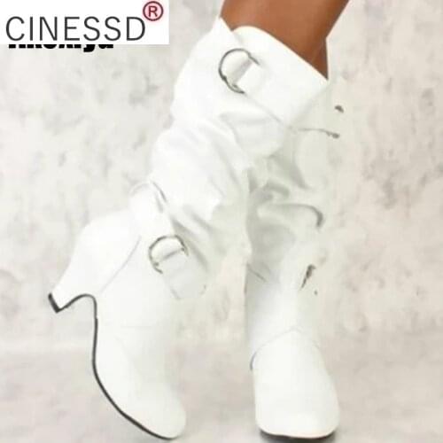 2021 Fashion Mid Calf Spike High Heels White Black Ridding Western Boots Street Goth Ladies Shoes Plus Size Womens Boot
