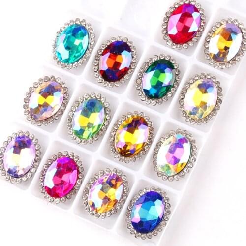 AB Glass crystal with rhinestones Oval shape in Silver claw settings 10*14mm Sew on rhinestone wedding dress diy trimming