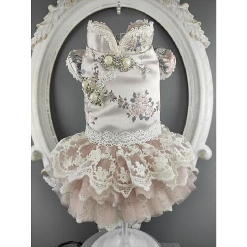 Free Shipping Dog Clothes Dress Cheongsam Style Satin Fabric Embroider Impatiens Stand Collar Lace Skirt Party Pet Outfit