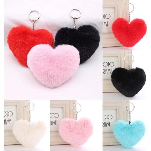 1PC Soft Fluffy Heart Keychain Faux Rabbit Fur Heart Keyring Handbag Pendant Charm Pompom Jewelry Car Key Chain Ring Accessories