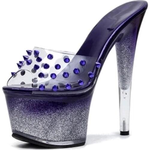 Black platform sandals with heels 15 cm thick for women. Rivet with thin heels. Pole dancing catwalk sandals