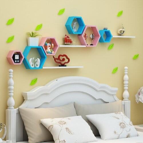 Korea Style Wooden home Decor Wall Mount Hexagonal Frame Books Toys Flower Storage Shelf Holder Figurines Display Crafts Shelves