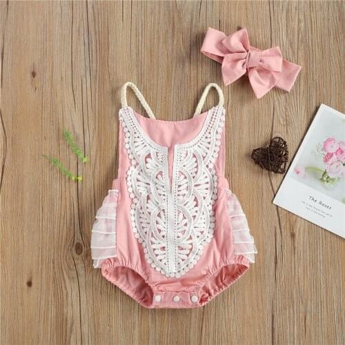 Babys Two Piece Set Sleeveless Back Bandage Embroidery Round Neck Mesh Hem Romper and Hairband for Toddler Girls 0-24 Month