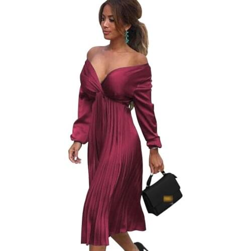 Elegant Pleated Satin Dress Women 2021 Autumn Winter Off Shoulder Long Sleeve Ladies Casual Green Vestidos Sexy Party Dress