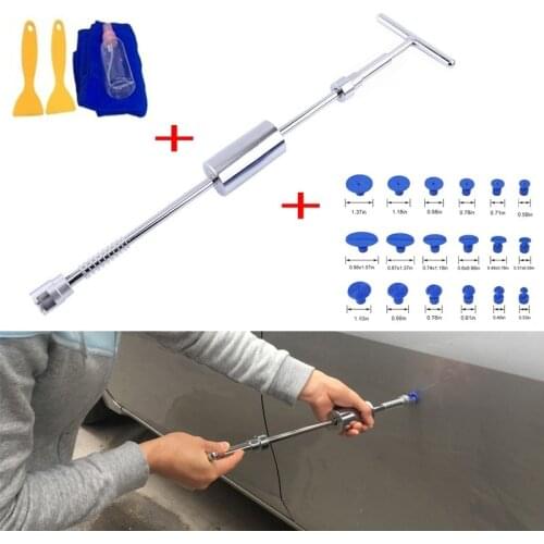 Car Dent Repair Tool Dent Repair Hail Removal T Bar Slide Hammer 18pcs Blue Glue Puller Tabs Cleaning Tools Kit
