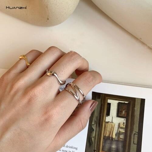 HUANZHI 2020 New Multi-Layer Twine Vintage Personality Cross Curve Line Opening Ring For Women Girls Party Jewelry Gifts