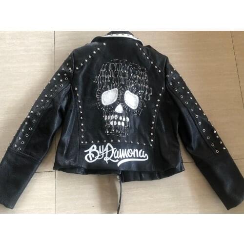 Rivet beading leather jacket Locomotive graffiti cartoon pu Leather Jacket female Punk Style Motorcyle Jackets Coat F2094