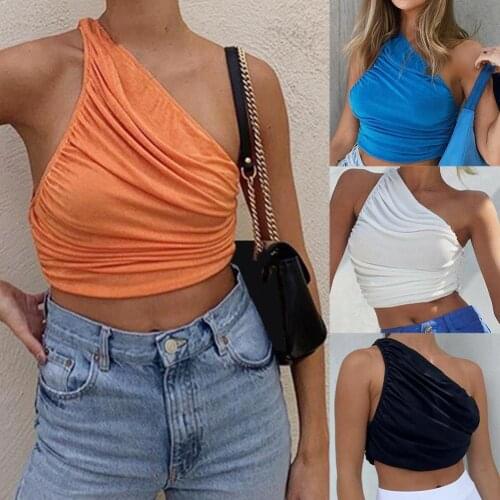 One Shoulder Crop Top Women Sexy Sleeveless Ruched Tank Top Summer White Black Blue Orange Plain Short Tanks Camis