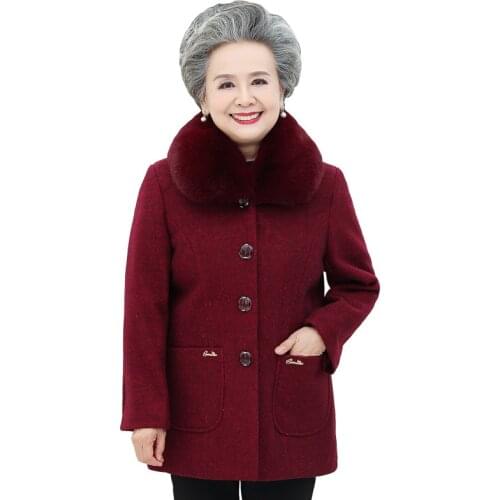 Middle-aged Womens Jacket 60-70-80 Women Winter Woolen Coat Mid-length high-end Single-Breasted Thicken Warm Overcoat Grandma