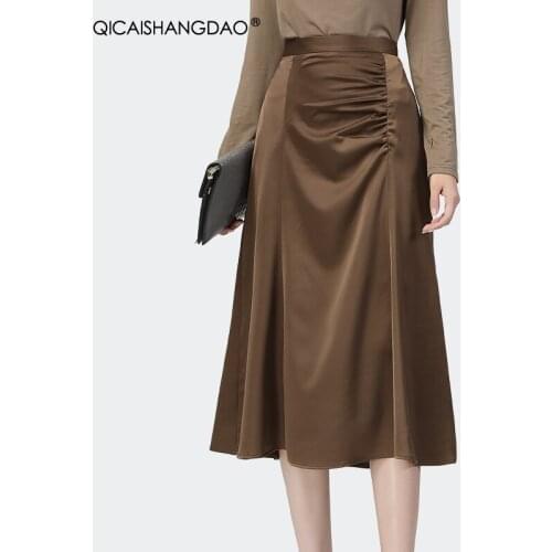 Fashion High Waist Khaki Satin Skirt Women Long A-Line Pleated Skirts Slim 2021 Spring New Female Elegant Office Bottoms Clothes