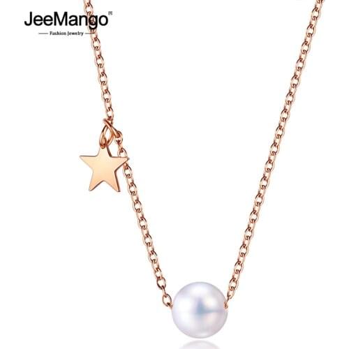 JeeMango Trendy Star Simulated Pearl Charm Pendant Necklaces Jewelry Bohemia Style Chain Link Choker Necklace For Women JN17082