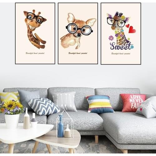 Nordic Simple Cartoon Glasses Animal Giraffe Decorative Painting for Childrens Room Modern Canvas Painting Wall Art Decor