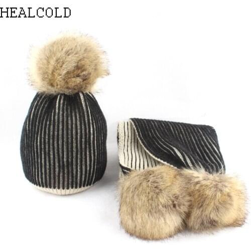 2018 new pompoms winter hat for kids girls striped knitted beanie scarf hat children cap boys