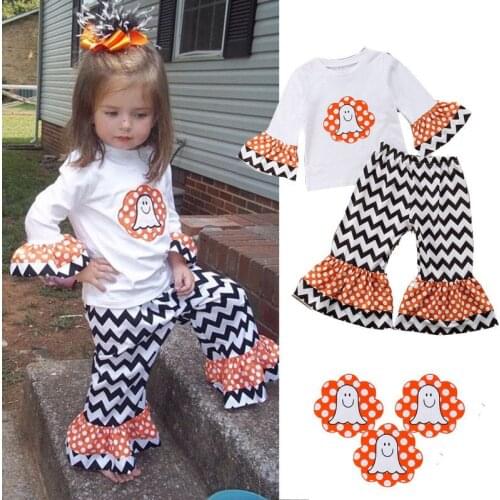 Halloween Novelty Fashion Toddler Baby Girls Clothes Sets 2PCS Long Flare Sleeve Cartoon Print T-Shirts Tops+Flare Pants 6M-4Y