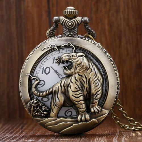 New Arrival Retro Bronze Hollow Tiger Case Quartz Fob Pocket Watch With Necklace Chain Gift To Women Men