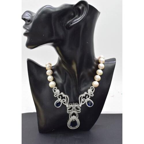 Freshwater pearl WHITE ENAR ROUND +BLUE ZIRCON PENDANT necklace 19inch nature wholesale